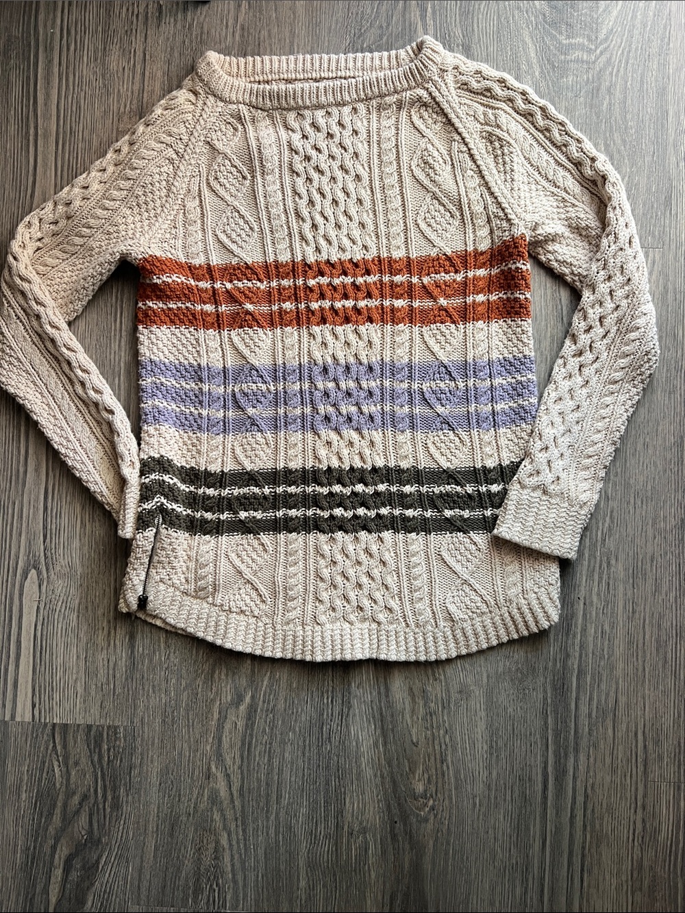 L.L. Bean Signature Cream Cable-Knit Striped Sweater with Zippers Size Small